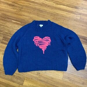 Elan Sweater Knit Pullover Pink Heart Royal‎ Blue Long Sleeve Womens Size Large